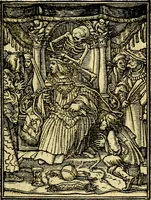 An illustration from Simolachri, historie, e figure de la morte. La medicina de l'anima [di Urbanus Rhegius] Il modo, e la via di consolar gl'infermi. Un sermone di San Cipriano, de la mortalità. Due orationi, l'una à Dio, e l'altra à Christo. Un sermone di D. Giovan Chrisostomo, che ci essorta à patienza. Aiuntovi de novo molte figure mai più stampate (1549)