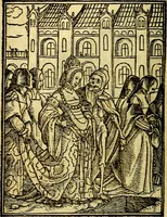 An illustration from Simolachri, historie, e figure de la morte. La medicina de l'anima [di Urbanus Rhegius] Il modo, e la via di consolar gl'infermi. Un sermone di San Cipriano, de la mortalità. Due orationi, l'una à Dio, e l'altra à Christo. Un sermone di D. Giovan Chrisostomo, che ci essorta à patienza. Aiuntovi de novo molte figure mai più stampate (1549)