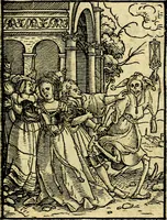 An illustration from Simolachri, historie, e figure de la morte. La medicina de l'anima [di Urbanus Rhegius] Il modo, e la via di consolar gl'infermi. Un sermone di San Cipriano, de la mortalità. Due orationi, l'una à Dio, e l'altra à Christo. Un sermone di D. Giovan Chrisostomo, che ci essorta à patienza. Aiuntovi de novo molte figure mai più stampate (1549)