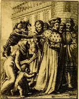 An illustration from Simolachri, historie, e figure de la morte. La medicina de l'anima [di Urbanus Rhegius] Il modo, e la via di consolar gl'infermi. Un sermone di San Cipriano, de la mortalità. Due orationi, l'una à Dio, e l'altra à Christo. Un sermone di D. Giovan Chrisostomo, che ci essorta à patienza. Aiuntovi de novo molte figure mai più stampate (1549)