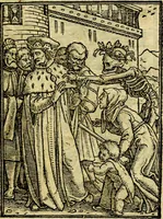 An illustration from Simolachri, historie, e figure de la morte. La medicina de l'anima [di Urbanus Rhegius] Il modo, e la via di consolar gl'infermi. Un sermone di San Cipriano, de la mortalità. Due orationi, l'una à Dio, e l'altra à Christo. Un sermone di D. Giovan Chrisostomo, che ci essorta à patienza. Aiuntovi de novo molte figure mai più stampate (1549)