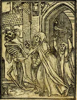 An illustration from Simolachri, historie, e figure de la morte. La medicina de l'anima [di Urbanus Rhegius] Il modo, e la via di consolar gl'infermi. Un sermone di San Cipriano, de la mortalità. Due orationi, l'una à Dio, e l'altra à Christo. Un sermone di D. Giovan Chrisostomo, che ci essorta à patienza. Aiuntovi de novo molte figure mai più stampate (1549)