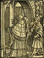 An illustration from Simolachri, historie, e figure de la morte. La medicina de l'anima [di Urbanus Rhegius] Il modo, e la via di consolar gl'infermi. Un sermone di San Cipriano, de la mortalità. Due orationi, l'una à Dio, e l'altra à Christo. Un sermone di D. Giovan Chrisostomo, che ci essorta à patienza. Aiuntovi de novo molte figure mai più stampate (1549)