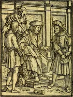 An illustration from Simolachri, historie, e figure de la morte. La medicina de l'anima [di Urbanus Rhegius] Il modo, e la via di consolar gl'infermi. Un sermone di San Cipriano, de la mortalità. Due orationi, l'una à Dio, e l'altra à Christo. Un sermone di D. Giovan Chrisostomo, che ci essorta à patienza. Aiuntovi de novo molte figure mai più stampate (1549)