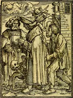 An illustration from Simolachri, historie, e figure de la morte. La medicina de l'anima [di Urbanus Rhegius] Il modo, e la via di consolar gl'infermi. Un sermone di San Cipriano, de la mortalità. Due orationi, l'una à Dio, e l'altra à Christo. Un sermone di D. Giovan Chrisostomo, che ci essorta à patienza. Aiuntovi de novo molte figure mai più stampate (1549)