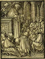 An illustration from Simolachri, historie, e figure de la morte. La medicina de l'anima [di Urbanus Rhegius] Il modo, e la via di consolar gl'infermi. Un sermone di San Cipriano, de la mortalità. Due orationi, l'una à Dio, e l'altra à Christo. Un sermone di D. Giovan Chrisostomo, che ci essorta à patienza. Aiuntovi de novo molte figure mai più stampate (1549)