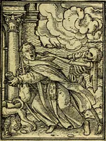 An illustration from Simolachri, historie, e figure de la morte. La medicina de l'anima [di Urbanus Rhegius] Il modo, e la via di consolar gl'infermi. Un sermone di San Cipriano, de la mortalità. Due orationi, l'una à Dio, e l'altra à Christo. Un sermone di D. Giovan Chrisostomo, che ci essorta à patienza. Aiuntovi de novo molte figure mai più stampate (1549)