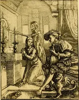 An illustration from Simolachri, historie, e figure de la morte. La medicina de l'anima [di Urbanus Rhegius] Il modo, e la via di consolar gl'infermi. Un sermone di San Cipriano, de la mortalità. Due orationi, l'una à Dio, e l'altra à Christo. Un sermone di D. Giovan Chrisostomo, che ci essorta à patienza. Aiuntovi de novo molte figure mai più stampate (1549)