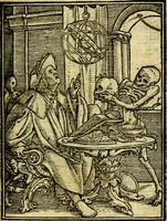 An illustration from Simolachri, historie, e figure de la morte. La medicina de l'anima [di Urbanus Rhegius] Il modo, e la via di consolar gl'infermi. Un sermone di San Cipriano, de la mortalità. Due orationi, l'una à Dio, e l'altra à Christo. Un sermone di D. Giovan Chrisostomo, che ci essorta à patienza. Aiuntovi de novo molte figure mai più stampate (1549)