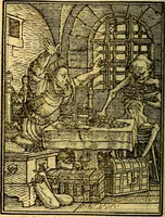 Picture 47 of 90 from Simolachri, historie, e figure de la morte. La medicina de l'anima [di Urbanus Rhegius] Il modo, e la via di consolar gl'infermi. Un sermone di San Cipriano, de la mortalità. Due orationi, l'una à Dio, e l'altra à Christo. Un sermone di D. Giovan Chrisostomo, che ci essorta à patienza. Aiuntovi de novo molte figure mai più stampate (1549), leaf 71