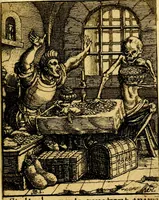 An illustration from Simolachri, historie, e figure de la morte. La medicina de l'anima [di Urbanus Rhegius] Il modo, e la via di consolar gl'infermi. Un sermone di San Cipriano, de la mortalità. Due orationi, l'una à Dio, e l'altra à Christo. Un sermone di D. Giovan Chrisostomo, che ci essorta à patienza. Aiuntovi de novo molte figure mai più stampate (1549)