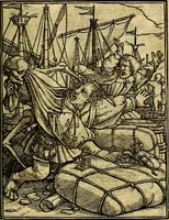 An illustration from Simolachri, historie, e figure de la morte. La medicina de l'anima [di Urbanus Rhegius] Il modo, e la via di consolar gl'infermi. Un sermone di San Cipriano, de la mortalità. Due orationi, l'una à Dio, e l'altra à Christo. Un sermone di D. Giovan Chrisostomo, che ci essorta à patienza. Aiuntovi de novo molte figure mai più stampate (1549)