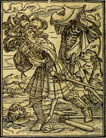 An illustration from Simolachri, historie, e figure de la morte. La medicina de l'anima [di Urbanus Rhegius] Il modo, e la via di consolar gl'infermi. Un sermone di San Cipriano, de la mortalità. Due orationi, l'una à Dio, e l'altra à Christo. Un sermone di D. Giovan Chrisostomo, che ci essorta à patienza. Aiuntovi de novo molte figure mai più stampate (1549)