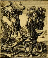 An illustration from Simolachri, historie, e figure de la morte. La medicina de l'anima [di Urbanus Rhegius] Il modo, e la via di consolar gl'infermi. Un sermone di San Cipriano, de la mortalità. Due orationi, l'una à Dio, e l'altra à Christo. Un sermone di D. Giovan Chrisostomo, che ci essorta à patienza. Aiuntovi de novo molte figure mai più stampate (1549)