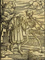 An illustration from Simolachri, historie, e figure de la morte. La medicina de l'anima [di Urbanus Rhegius] Il modo, e la via di consolar gl'infermi. Un sermone di San Cipriano, de la mortalità. Due orationi, l'una à Dio, e l'altra à Christo. Un sermone di D. Giovan Chrisostomo, che ci essorta à patienza. Aiuntovi de novo molte figure mai più stampate (1549)
