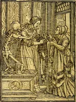 An illustration from Simolachri, historie, e figure de la morte. La medicina de l'anima [di Urbanus Rhegius] Il modo, e la via di consolar gl'infermi. Un sermone di San Cipriano, de la mortalità. Due orationi, l'una à Dio, e l'altra à Christo. Un sermone di D. Giovan Chrisostomo, che ci essorta à patienza. Aiuntovi de novo molte figure mai più stampate (1549)