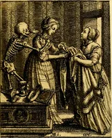 An illustration from Simolachri, historie, e figure de la morte. La medicina de l'anima [di Urbanus Rhegius] Il modo, e la via di consolar gl'infermi. Un sermone di San Cipriano, de la mortalità. Due orationi, l'una à Dio, e l'altra à Christo. Un sermone di D. Giovan Chrisostomo, che ci essorta à patienza. Aiuntovi de novo molte figure mai più stampate (1549)