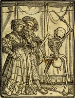 An illustration from Simolachri, historie, e figure de la morte. La medicina de l'anima [di Urbanus Rhegius] Il modo, e la via di consolar gl'infermi. Un sermone di San Cipriano, de la mortalità. Due orationi, l'una à Dio, e l'altra à Christo. Un sermone di D. Giovan Chrisostomo, che ci essorta à patienza. Aiuntovi de novo molte figure mai più stampate (1549)