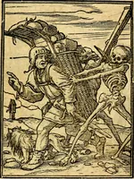 An illustration from Simolachri, historie, e figure de la morte. La medicina de l'anima [di Urbanus Rhegius] Il modo, e la via di consolar gl'infermi. Un sermone di San Cipriano, de la mortalità. Due orationi, l'una à Dio, e l'altra à Christo. Un sermone di D. Giovan Chrisostomo, che ci essorta à patienza. Aiuntovi de novo molte figure mai più stampate (1549)