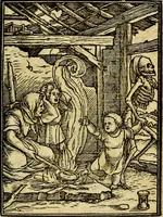 An illustration from Simolachri, historie, e figure de la morte. La medicina de l'anima [di Urbanus Rhegius] Il modo, e la via di consolar gl'infermi. Un sermone di San Cipriano, de la mortalità. Due orationi, l'una à Dio, e l'altra à Christo. Un sermone di D. Giovan Chrisostomo, che ci essorta à patienza. Aiuntovi de novo molte figure mai più stampate (1549)
