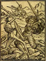 An illustration from Simolachri, historie, e figure de la morte. La medicina de l'anima [di Urbanus Rhegius] Il modo, e la via di consolar gl'infermi. Un sermone di San Cipriano, de la mortalità. Due orationi, l'una à Dio, e l'altra à Christo. Un sermone di D. Giovan Chrisostomo, che ci essorta à patienza. Aiuntovi de novo molte figure mai più stampate (1549)