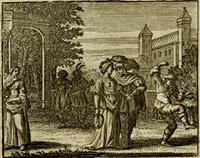 An illustration from Sinne- en minne-beelden ; Selfstryt ; Tooneel der mannelyke agtbaarheydt ; Galathea of Herderskalsgt ; Klagende maegden : en andere mengelrymen (1779)