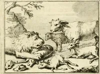 An illustration from Sinryke fabulen : verklaart en toegepast tot alderley zeede-lessen, dienstig om waargenoomen te werden in het menschelijke en burgerlijke leeven (1685)