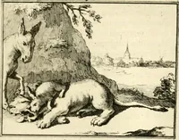An illustration from Sinryke fabulen : verklaart en toegepast tot alderley zeede-lessen, dienstig om waargenoomen te werden in het menschelijke en burgerlijke leeven (1685)
