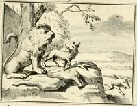 An illustration from Sinryke fabulen : verklaart en toegepast tot alderley zeede-lessen, dienstig om waargenoomen te werden in het menschelijke en burgerlijke leeven (1685)