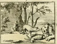 An illustration from Sinryke fabulen : verklaart en toegepast tot alderley zeede-lessen, dienstig om waargenoomen te werden in het menschelijke en burgerlijke leeven (1685)