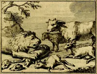 An illustration from Sinryke fabulen, : verklaart en toegepast tot alderley zeede-lessen, dienstig om waargenoomen te werden in het menschelijke en burgerlijke leeven (1685)