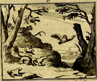 An illustration from Sinryke fabulen, : verklaart en toegepast tot alderley zeede-lessen, dienstig om waargenoomen te werden in het menschelijke en burgerlijke leeven (1685)