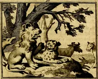 An illustration from Sinryke fabulen, : verklaart en toegepast tot alderley zeede-lessen, dienstig om waargenoomen te werden in het menschelijke en burgerlijke leeven (1685)