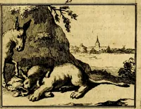 An illustration from Sinryke fabulen, : verklaart en toegepast tot alderley zeede-lessen, dienstig om waargenoomen te werden in het menschelijke en burgerlijke leeven (1685)