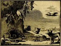 An illustration from Sinryke fabulen, : verklaart en toegepast tot alderley zeede-lessen, dienstig om waargenoomen te werden in het menschelijke en burgerlijke leeven (1685)