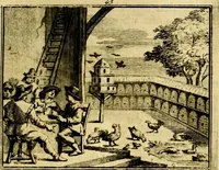 An illustration from Sinryke fabulen, : verklaart en toegepast tot alderley zeede-lessen, dienstig om waargenoomen te werden in het menschelijke en burgerlijke leeven (1685)