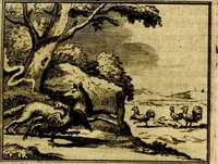 An illustration from Sinryke fabulen, : verklaart en toegepast tot alderley zeede-lessen, dienstig om waargenoomen te werden in het menschelijke en burgerlijke leeven (1685)