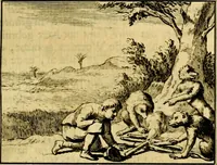 An illustration from Sinryke fabulen, : verklaart en toegepast tot alderley zeede-lessen, dienstig om waargenoomen te werden in het menschelijke en burgerlijke leeven (1685)