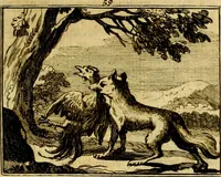 An illustration from Sinryke fabulen, : verklaart en toegepast tot alderley zeede-lessen, dienstig om waargenoomen te werden in het menschelijke en burgerlijke leeven (1685)