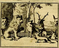 An illustration from Sinryke fabulen, : verklaart en toegepast tot alderley zeede-lessen, dienstig om waargenoomen te werden in het menschelijke en burgerlijke leeven (1685)