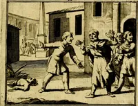An illustration from Sinryke fabulen, : verklaart en toegepast tot alderley zeede-lessen, dienstig om waargenoomen te werden in het menschelijke en burgerlijke leeven (1685)