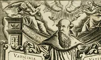 An illustration from Vaticinia, siue, Prophetiae Abbatis Ioachimi & Anselmi episcopi marsicani ... : qvibvs rota et oraculum turcicum maxime considerationis adiecta sunt : vnà cum praefatione et adnotationibus Paschalini Regiselmi = Vaticinii, ouero, Profetie dell'abbate Gioachino & di Anselmo vescovo di Marsico ... : a qvalli e aggionta una ruota et un' oracolo turchesco di grandissima cosideratione : insieme con la prefatione et annotationi di Pasqualino Regiselmo (1600)