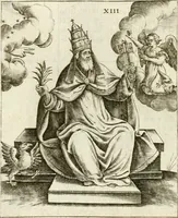 An illustration from Vaticinia, siue, Prophetiae Abbatis Ioachimi & Anselmi episcopi marsicani ... : qvibvs rota et oraculum turcicum maxime considerationis adiecta sunt : vnà cum praefatione et adnotationibus Paschalini Regiselmi = Vaticinii, ouero, Profetie dell'abbate Gioachino & di Anselmo vescovo di Marsico ... : a qvalli e aggionta una ruota et un' oracolo turchesco di grandissima cosideratione : insieme con la prefatione et annotationi di Pasqualino Regiselmo (1600)