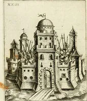 An illustration from Vaticinia, siue, Prophetiae Abbatis Ioachimi & Anselmi episcopi marsicani ... : qvibvs rota et oraculum turcicum maxime considerationis adiecta sunt : vnà cum praefatione et adnotationibus Paschalini Regiselmi = Vaticinii, ouero, Profetie dell'abbate Gioachino & di Anselmo vescovo di Marsico ... : a qvalli e aggionta una ruota et un' oracolo turchesco di grandissima cosideratione : insieme con la prefatione et annotationi di Pasqualino Regiselmo (1600)
