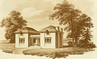 An illustration from Sketches in architecture : consisting of original designs for cottages and rural dwellings, suitable to persons of moderate fortune, and for convenient retirement : with plans and appropriate scenery to each : on twenty plates : with some general observations (1807)
