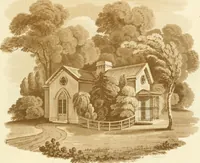 An illustration from Sketches in architecture : consisting of original designs for cottages and rural dwellings, suitable to persons of moderate fortune, and for convenient retirement : with plans and appropriate scenery to each : on twenty plates : with some general observations (1807)