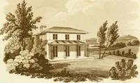 An illustration from Sketches in architecture : consisting of original designs for cottages and rural dwellings, suitable to persons of moderate fortune, and for convenient retirement : with plans and appropriate scenery to each : on twenty plates : with some general observations (1807)