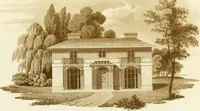 An illustration from Sketches in architecture : consisting of original designs for cottages and rural dwellings, suitable to persons of moderate fortune, and for convenient retirement : with plans and appropriate scenery to each : on twenty plates : with some general observations (1807)