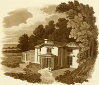 An illustration from Sketches in architecture : consisting of original designs for cottages and rural dwellings, suitable to persons of moderate fortune, and for convenient retirement : with plans and appropriate scenery to each : on twenty plates : with some general observations (1807)
