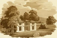 An illustration from Sketches in architecture : consisting of original designs for cottages and rural dwellings, suitable to persons of moderate fortune, and for convenient retirement : with plans and appropriate scenery to each : on twenty plates : with some general observations (1807)